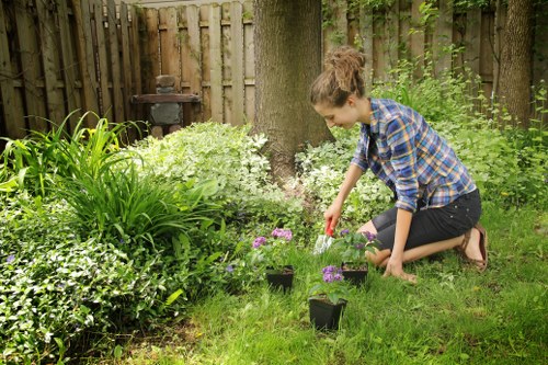 Garden maintenance team using low-emission equipment in a local garden
